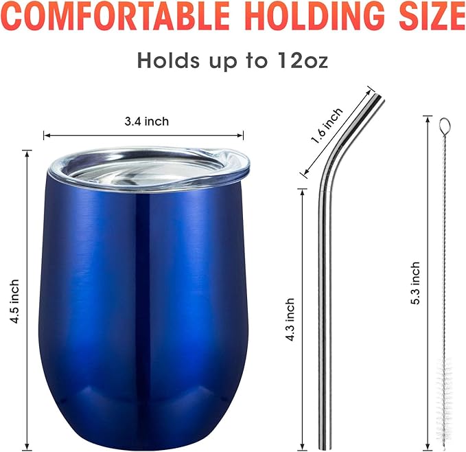 COMOOO 12oz Stainless Steel Wine Tumbler with Lid and Straw, Double Wall Vacuum Insulated Travel Tumbler Cup Stemless for Hot and Cold Drinks Coffee, Wine, Cocktails, Royal blue, 16 Pack