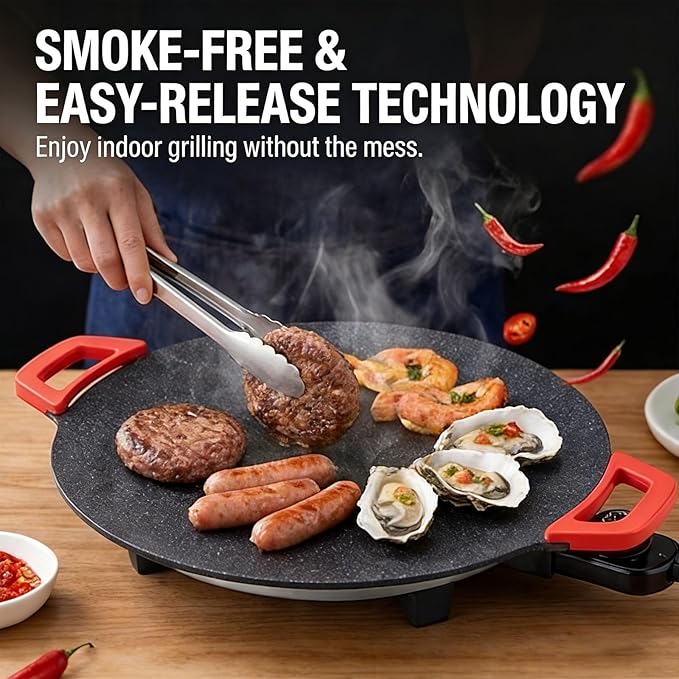 Non-Stick Electric Indoor Grill Pan, Smokeless Electric Griddle with Temperature Control, Round Baking Pan for BBQ, Steaks, Pancakes & Comal Electrico para Tortillas (36cm/14.2in)