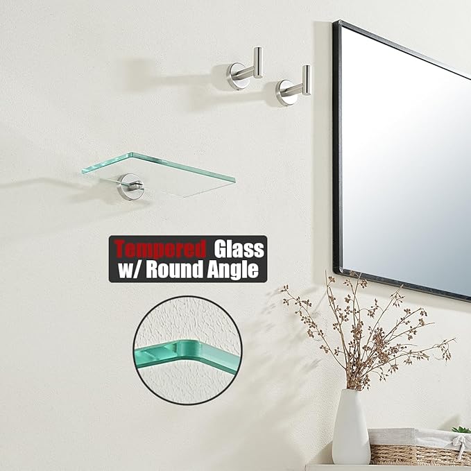 JQK Bathroom Glass Shelf, Tempered Glass Shower Storage 8 by 5 inches, 304 Stainless Steel Brushed Finish Wall Mount, TGS101L8-BN