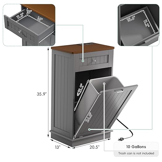 Betterhood Double Tilt Out Trash Cabinet with Power Outlet, 10 Gallon Trash Cabinet with Storage,Pet Proof Trash Can with 2 AC & USB Sockets for Kitchen,Living Room (Grey, Single Door)
