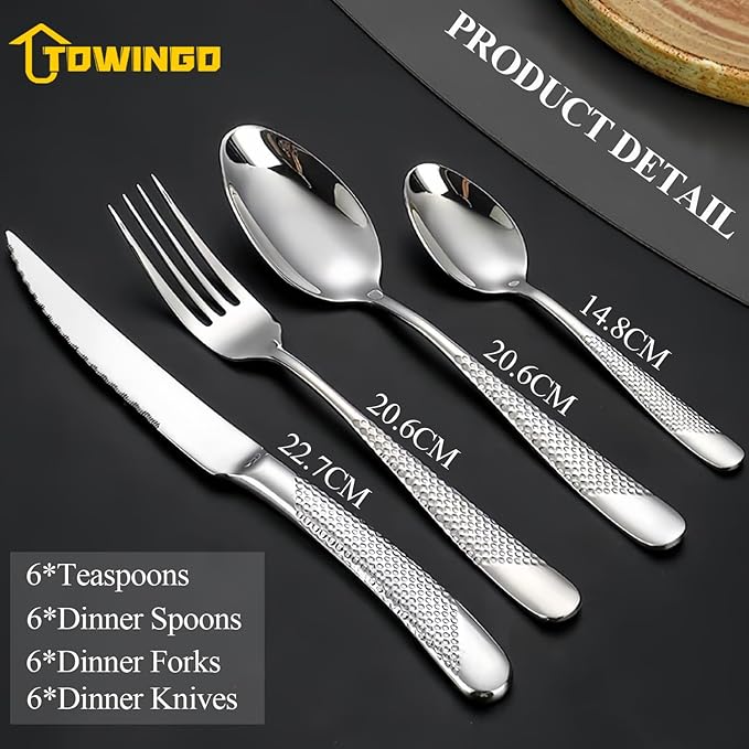 24 Pcs Flatware Set for 6 Persons, Stainless Steel Steak Knife Silverware Set Including Forks and Spoons for Home, Restaurant, Wedding, Party
