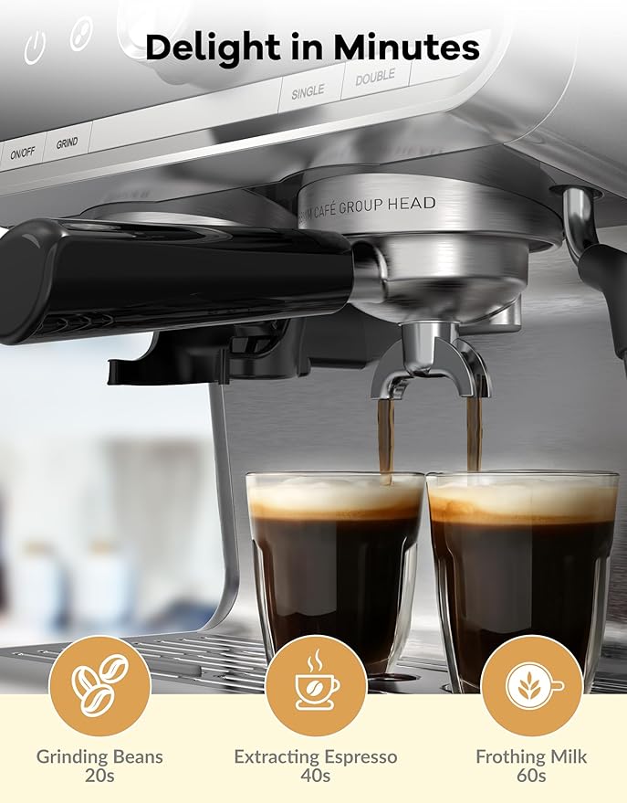GarveeHome Espresso Machine With Grinder, 20 Bar Semi-Automatic Espresso Coffee Maker With Milk Frother Steamer Wand Cappuccino Latte Macchiato, 95 oz Water Tank, PID Temperature Control, Light Gray