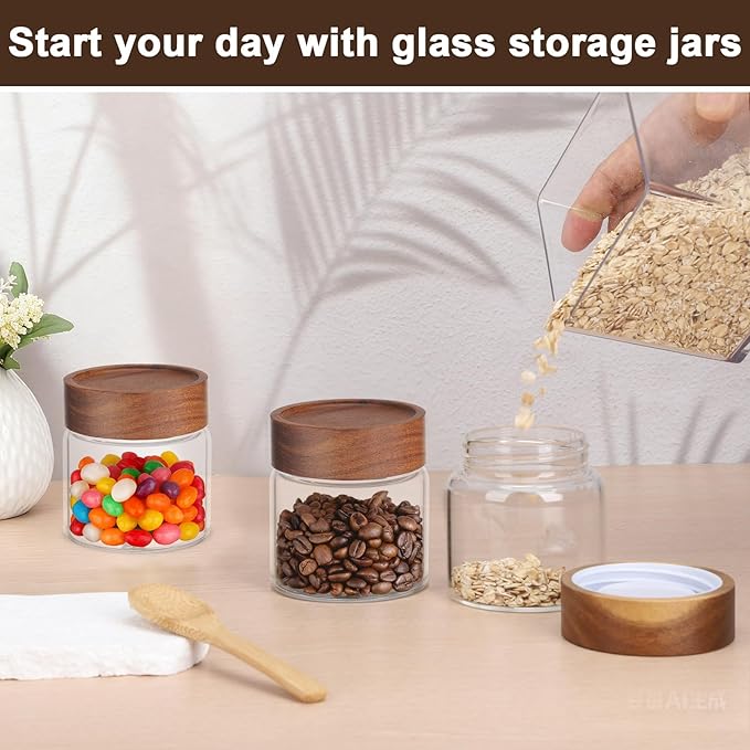 Glass Jar with Wood Lid, 4 Pack 8oz 240ml Coffee Jars with Airtight Lids, Wooden Screw Top Pantry Storage Glass Canister, Clear Kitchen Container for Spice, Sugar, Tea, Oats, Candy, Bean, Nuts