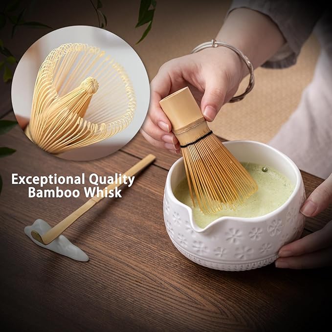 Buucup Matcha Whisk Set, Ceramic Matcha Kit Set Includes Matcha Bowl, Matcha Whisk and Holder, Bamboo Scoop, Scoop Rest, Sifter and Tea Towel - 7 Pcs Matcha Kit for Matcha Lovers(White)