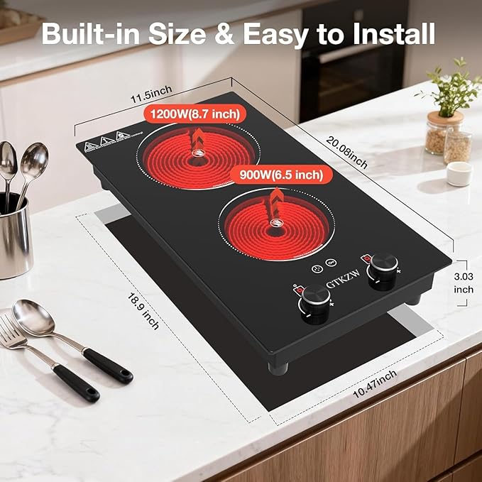 2100W Electric Cooktop 2 Burner: Electric Stove 110v-120v Hot Plate, Knob Control Countertop & Built-in Ceramic Cooktop 9 Power Levels, Child Lock, Timer, Suitable for all Pans