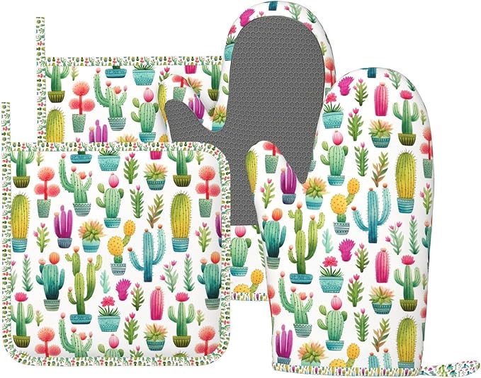 Oven Mitts and Pot Holders Set, Cactus Pattern Watercolor Silicone Kitchen Accessories 4 Piece Heat Resistant Long Gloves Potholder Non-Slip Grip for Chef Cooking Baking Grilling BBQ