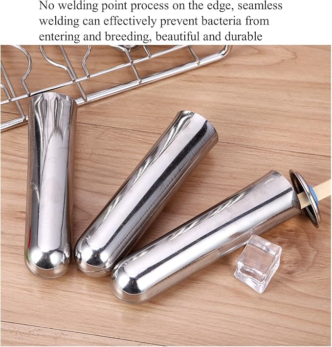 10Pcs Stainless Steel Popsicle Molds and Rack Ice Cream Popsicle Molds with 10 Round Ice Pop Makers + 100 Reusable Bamboo Sticks + 20 Bags + 1 Cleaning Brush + 1 Rack (Silver (Round))