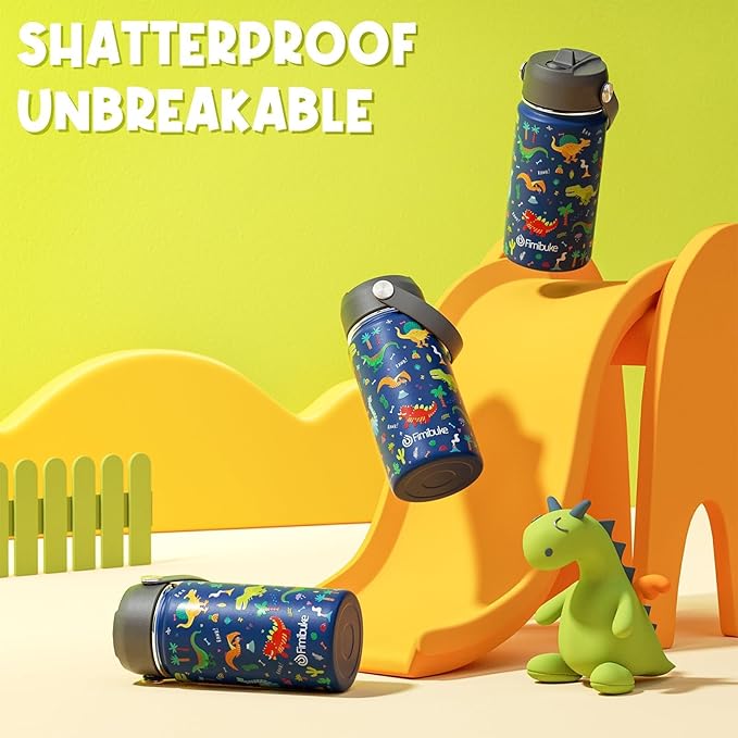 Fimibuke Kids Insulated Water Bottle, 14oz BPA FREE 18/8 Stainless Steel Travel Tumbler Double Wall Vacuum Leak Proof Kids Cup with Straw Metal Bottles for School Boys Girls (1 Pack, Green Dinosaur)