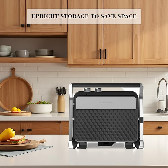 Panini Press,4 Slices Contact Grill with Removable Non-Stick Coated Grill and Flat Plates,Panini Makers with Temperature Control and Timer,Open 180 Degrees,Grill and Griddle (Half black with sus)