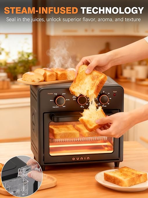 OUNIN Air Fryer & Toaster Oven with Steam Infusion, 12L Compact, Countertop Friendly, Fast Preheat with Bake, Convection Bake, Grill, Broil and Warm Options, 60-Minute Timer, Stainless Steel