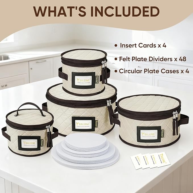 BALEINE China Storage Containers, Sturdy Quilted Wine Glass Storage, Plate Organizer with Carry Handles, Moving Boxes for Dishes, Cups, Mugs and Stemware (Plate Set, Soft Shell Cream)