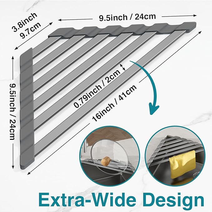 COOL-ANGLE Corner Sink Drying Rack, 16"x9.5" Rust-Proof Aluminum Triangular Dish Drainer, Heat Resistant Roll Up Mat for Kitchen Counter, Sponge Holder & Organizer with Non-Slip Silicone Base, Gray