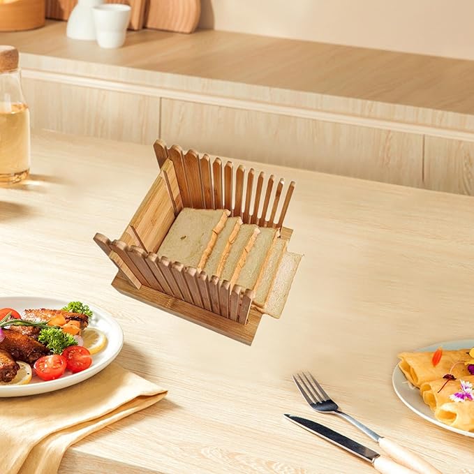 Bamboo Bread Cutting Tool, Even Slice Loaf Slicer with Crumb Catcher for Cakes and Bagels