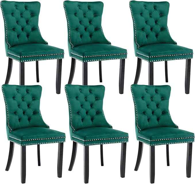 Green Velvet Dining Chairs Set of 6, Upholstered Dining Room Chairs with Back Ring Pull Trim and Solid Wood Legs, Tufted Wingback Kitchen Chairs for Dining Room,Living Room,Kitchen(Green)