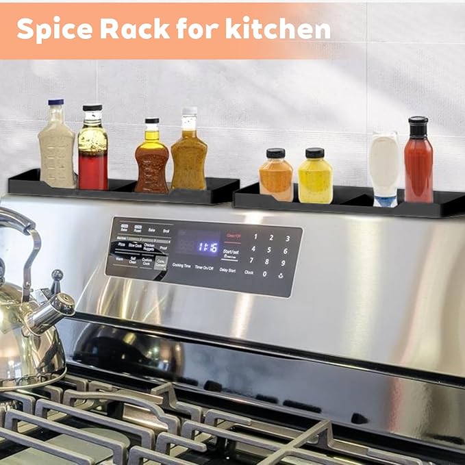 30 Inch Magnetic Silicone Stove Top Shelf, Heat Resistant Spice Rack for Kitchen, Space Saving Organizer with 6 Sticky Pads, Fits Back of Stove（Black 30''x3.8''）