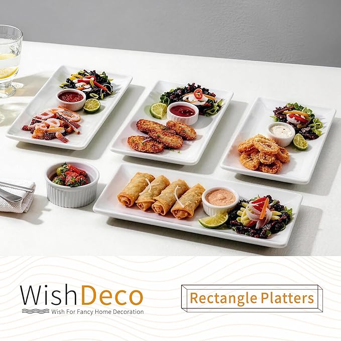 WishDeco Ceramic Serving Platters Set of 4, Rectangle Serving Trays 12 inch, White Serving Plates, Long Platter for Cake, Steak, Sushi, Appetizer