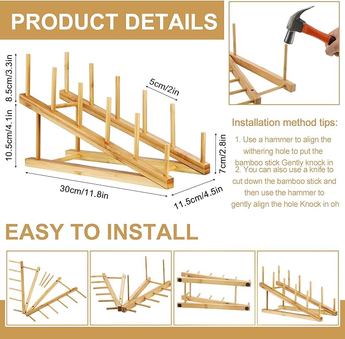 Suclain 10 Pcs Wooden Bamboo Dish Drying Rack Kitchen Cabinet Organizer for Cabinet Cutting Board Display Stand for Dish Plate Bowl Water Bottles Cup Pot Lid Cutting Board