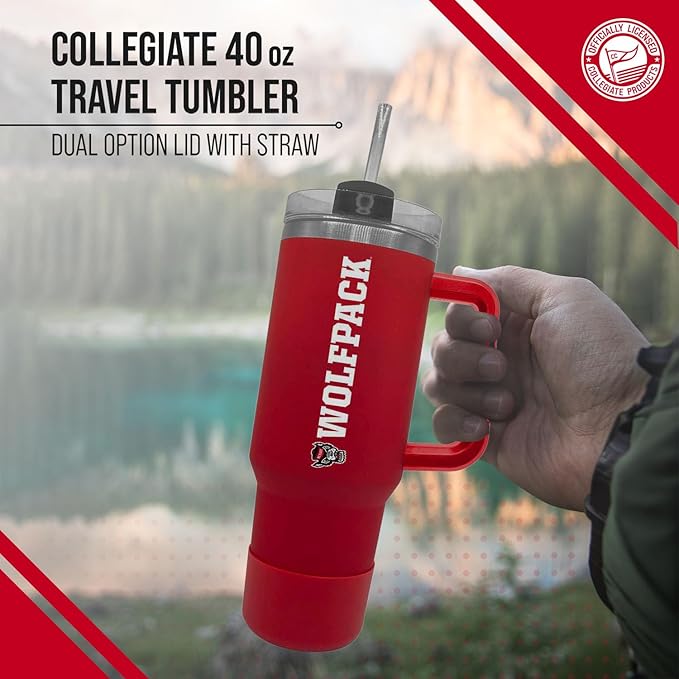 Campus Colors College & University 40 oz Travel Tumbler With Handle - Dual Option Lid With Straw - Vacuum Insulated Stainless Steel (NC State Wolfpack - Red)