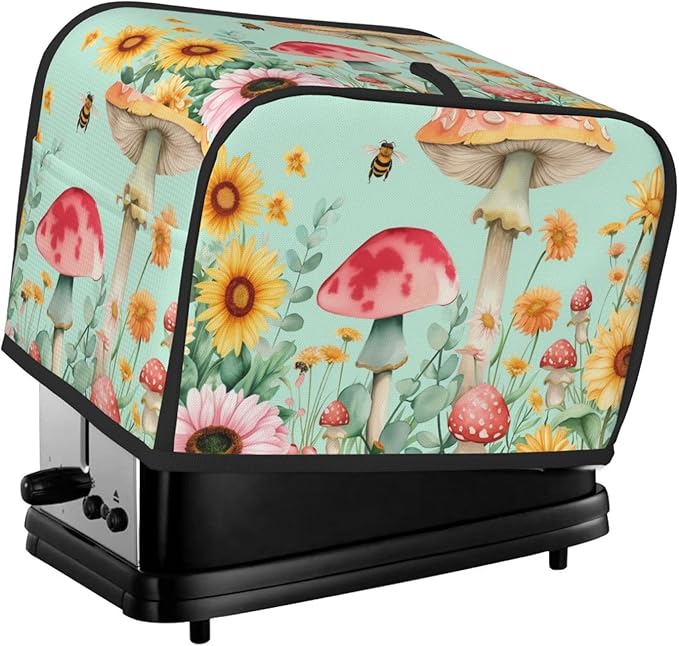 Pastel Sunflowers Mushrooms Toaster Cover 2 Slice, Cute Rural Bread Machine Cover, Washable Dust-Proof Cover for Kitchen Small Appliance Cover,with Top Handle