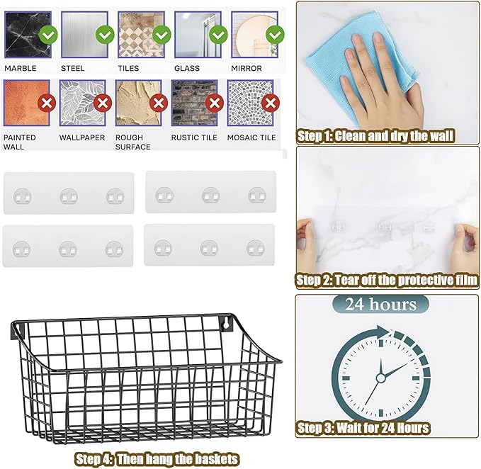 2 Pack Wall Hanging Baskets for Organizing, Large Metal Wire Basket with 5 Hooks+2 Strong Long Adhesive Hooks,Kitchen Hanging Mesh Organizer, Wall Mounted Bin for Kitchen, Bathroom, Bedroom,SUV,Garage