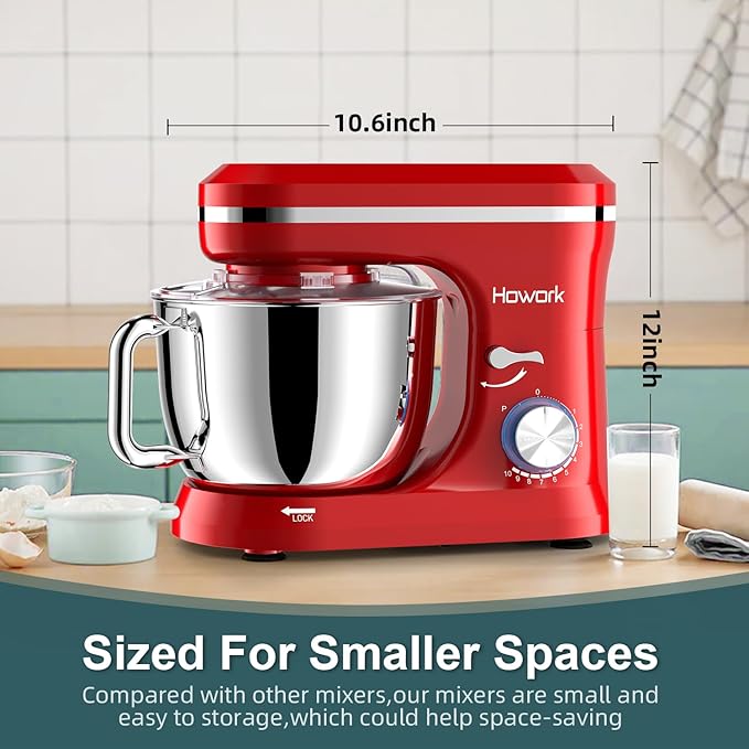 HOWORK Electric Stand Mixer,10+p Speeds With 6.5QT Stainless Steel Bowl,Dough Hook, Wire Whip & Beater,for Most Home Cooks (Red)