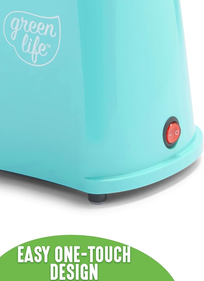 GreenLife Electric Popcorn Maker Hot Air Popper, Corn Kernal Measuring and Butter Melting Tray, Easy one Switch, Turquoise