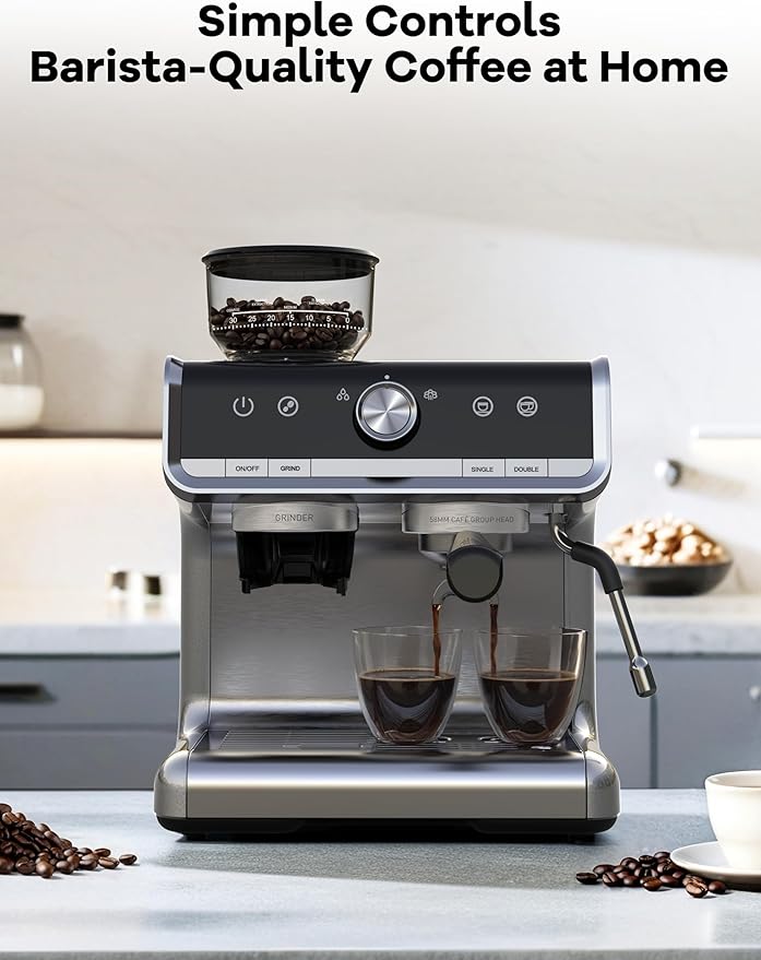 GarveeHome Espresso Machine With Grinder, 20 Bar Semi-Automatic Espresso Coffee Maker With Milk Frother Steamer Wand Cappuccino Latte Macchiato, 95 oz Water Tank, PID Temperature Control, Light Gray