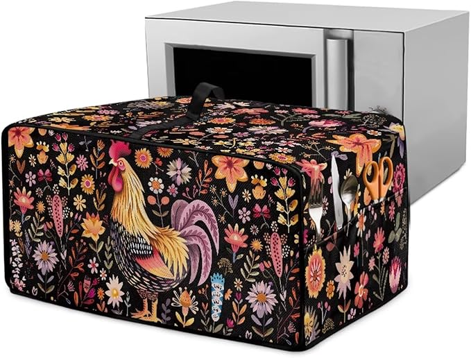 Microwave Oven Cover Air Fryer Toaster Oven Dust Cover with Accessory Pockets, Stain-resistant Small Electric Appliance Protector for Kitchen, M, Rooster Chicken Floral Black