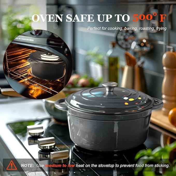 Overmont Enameled Cast Iron Dutch Oven - 4.5QT Pot with Lid Cookbook & Cotton Potholders - Heavy-Duty Cookware for Braising, Stews, Roasting, Bread Baking grey