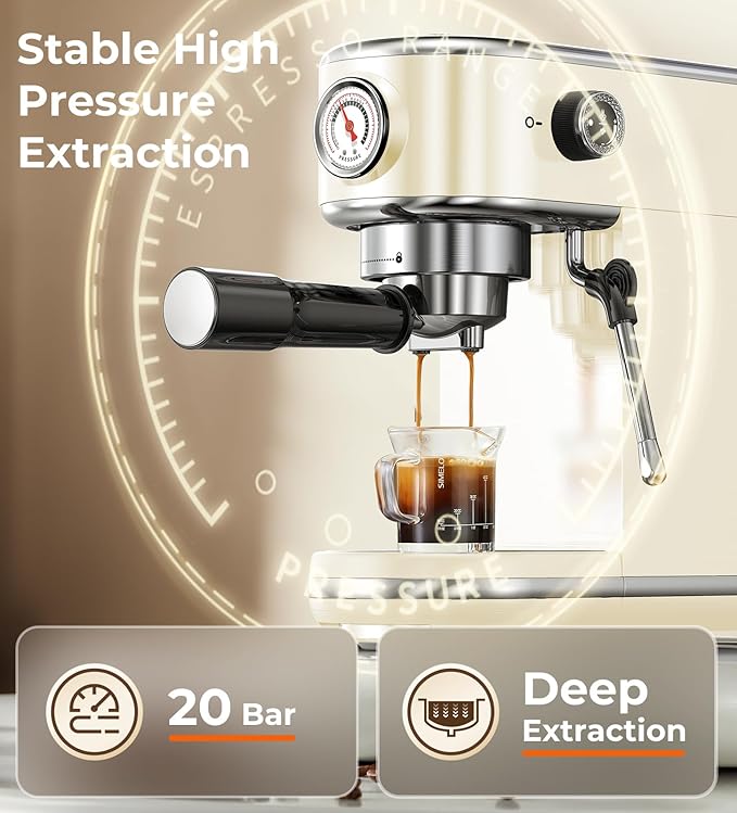 atatix 20 Bar Espresso Machine with Milk Frother, Compact Espresso Maker, Stainless Steel Coffee Machine with Precise Temp Control & 44oz Removable Water Tank for Latte, Cappuccino, Creamy White