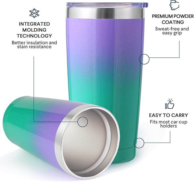 Volhoply 20oz Stainless Steel Tumbler with Lid and Straw Bulk 4 Pack,Double Wall Insulated Travel Iced Coffee Mug Fits Cup Holder,Powder Coated Cups for Cold Drinks,Gifts for Women（Purple Green,4 Set）