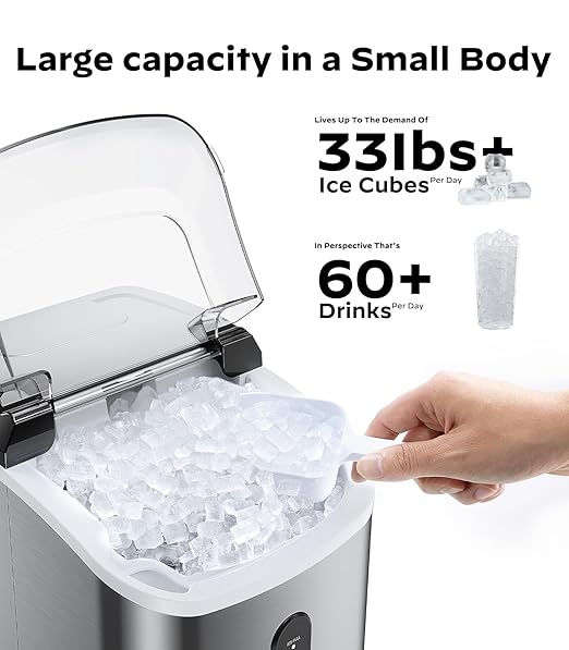Nugget Ice Maker Countertop, Pellet Ice Machine with Self-Cleaning Function, Produces 33 lbs of Chewable Ice in 24 Hours, Sonic Ice Maker Perfect for Home Kitchens and Offices, Stainless Steel