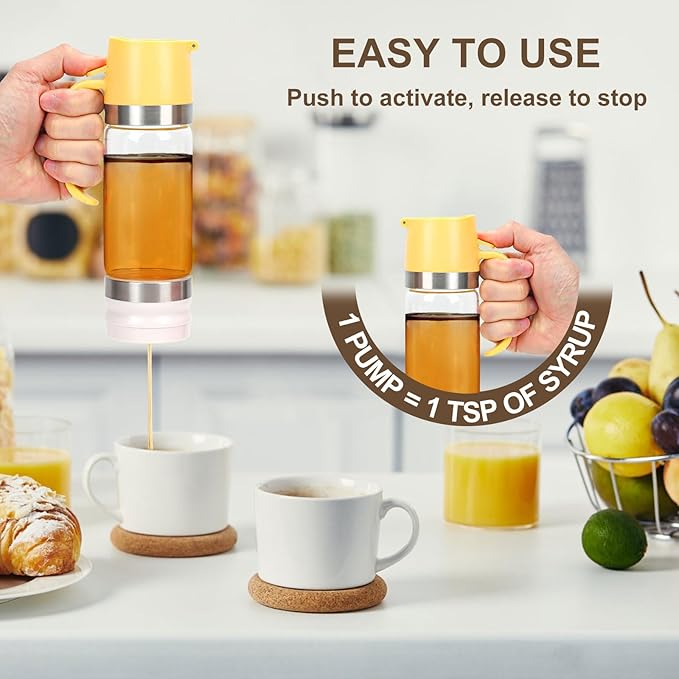 12 Oz Glass Honey Dispenser Pot with Silicone Base No Drip Honey Container Jar, Maple Syrup Dispenser with Handle for Pancake, Coffee or Tea Yellow