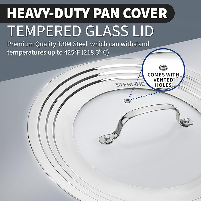 Large Universal Lid,Fits 8 -12 Inch Cookware,Tempered Glass Top with Steam Vent for Pots, Frying Pan,Stainless Steel Replacement Pot Lid for Kitchen Organizing, Space Saving