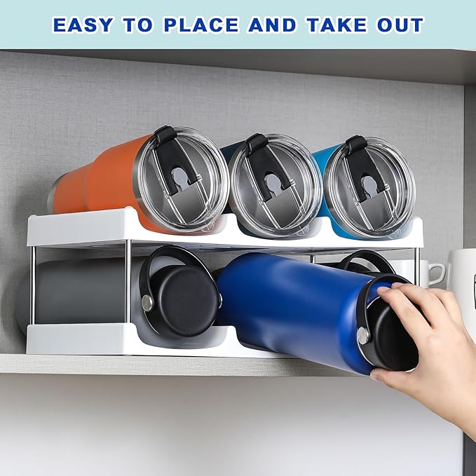 LANDNEOO Stackable Water Bottle Organizer Holder - for Stanley & Others' Large Tumbler Organization - White Plastic Wine Rack, Bottle Holder for Home Countertop Fridge Pantry Shelf, 2 Tier Hold 6