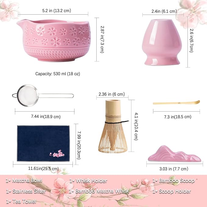 Buucup Matcha Whisk Set, Ceramic Matcha Kit Set Includes Matcha Bowl, Matcha Whisk and Holder, Bamboo Scoop, Scoop Rest, Sifter and Tea Towel - 7 Pcs Matcha Kit for Matcha Lovers (Pink)