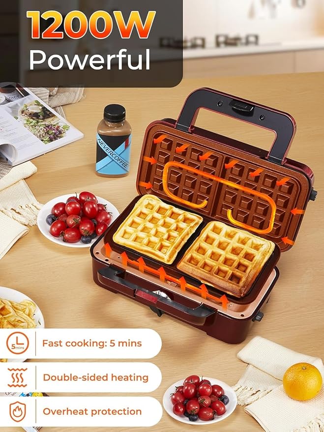 HOUSNAT Sandwich Maker, 3 in 1 Waffle Maker with Removable Plates, 1200W Panini Press with Interchangeable Non-Stick Plates, Indicator Lights, 5-gear Temperature Control (Red)