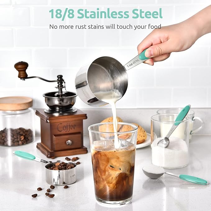 Measuring Cups and Spoons Set: U-Taste 18/8 Stainless Steel 10 Pieces Metal Stacking Kitchen Baking Cooking Food Measure Set 5 Cups 5 Spoons with Strengthened Weld Joints (Aqua Sky, Upgraded Version)