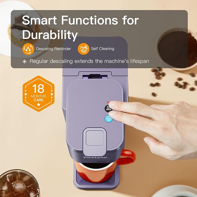 Tastyle Mini Hot and Iced Coffee Maker Single Serve, for K Cup and Ground, 6 to 14 Oz Brew Sizes, with Recipe Book, for Home, Travel, RV, Office and Dorm, Violet