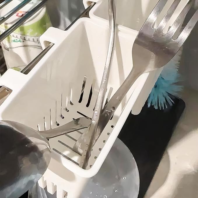 2PCS Silverware Drainer Drying Basket for Sink – Compact Kitchen Utensils Holder, Cutlery Storage Organizer with Cup, Dish Hanging Drain Rack for Forks, Spoons, Knives & Chopsticks (White, Plastic)