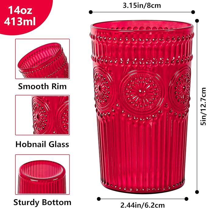 Ciaell 12 Pack Romantic Plastic Water Glasses - 14 Oz Red Vintage Drinking Glasses, Embossed Ribbed Plastic Cups, Textured Striped Set for Juice, Beverages, Beer, Cocktail & Mother's Day