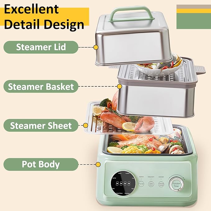 15.9QT Electric Food Steamer, 3 Tier Food Steamer for Cooking, 1200W Stainless Steel Steamer, Large Capacity Hot Pot, 9 Time Settings, for Home, Restaurant, Party (Green)