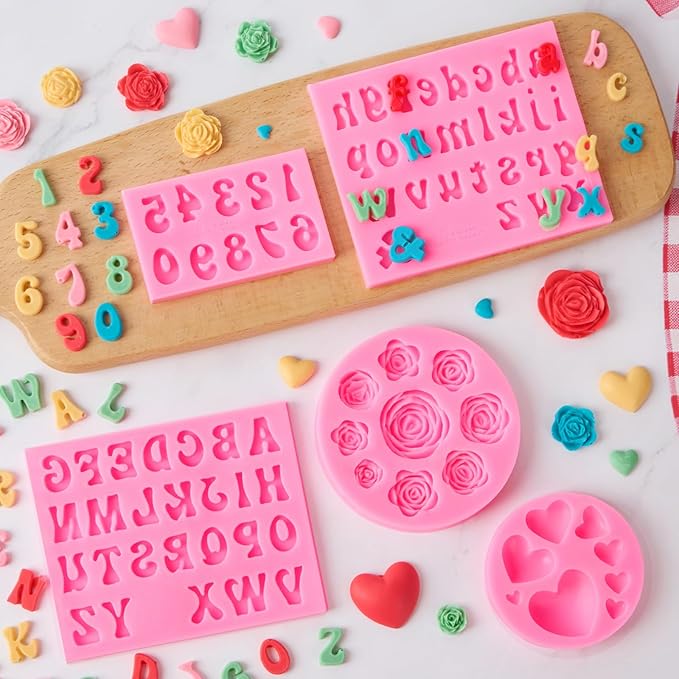 Silicone Letter Molds for Chocolate, 5 Pcs Alphabet Number Rose Heart Shape Candy Molds, Fondant Molds for Candy Cupcake Desserts Cake Decorations