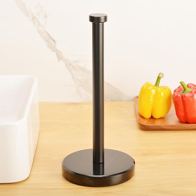 Paper Towel Holder Countertop, Heavy Weighted Black Marble Paper Towels Holder for Kitchen Counter, Modern Standing Papertowel Roll Holders(Matte Black Stainless Steel Bar, Black Natural Marble Base)
