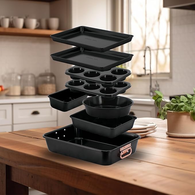 Stackable Nonstick Bakeware Set, 8 Piece Baking Pan Set, Oven Safe Carbon Steel, Includes Cookie Sheet, Muffin Pan, Loaf Pan & Roaster