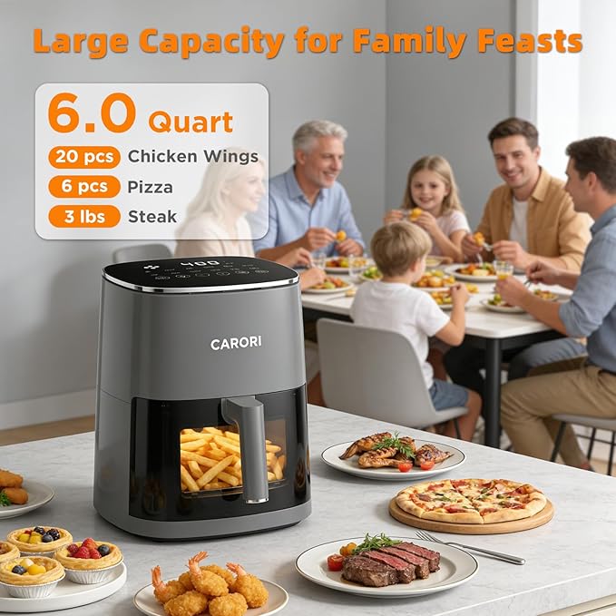 CARORI 6QT Air Fryer with Viewing Window, 12 Cooking Presets, 1700W Fast & Even Cooking, Max 400℉ Crisping, Bake, Roast, Reheat & Dehydrate, Large Nonstick Basket, Dishwasher Safe, Gray