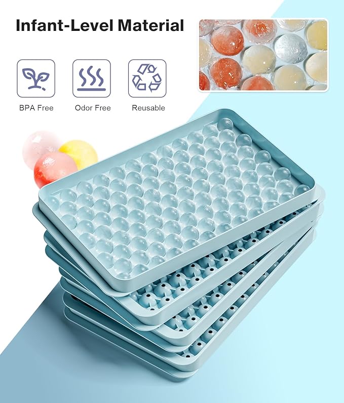 Mini Ice Cube Trays for Freezer - 0.6 IN Tiny Round Pebble Nugget Ice Mold Trays with Lid and Bin, Crushed Ice Trays Makes 104x4 pcs Ice balls - Easy Release Ice Maker for Cocktails, Drinks, Whisky