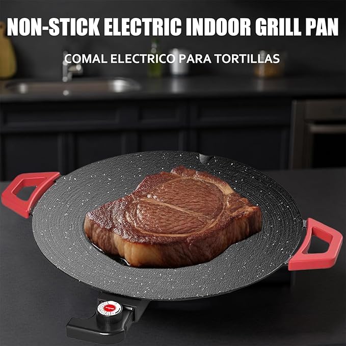 Non-Stick Electric Indoor Grill Pan - 1500w Portable Electric Korean Bbq Grill, Multifunctional Nonstick Smokeless Round Griddlewith Temperature Control,Include Oil Brush,Food Tongs