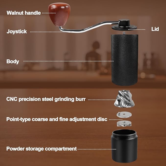 Manual Coffee Grinder Gift Box Non-Detachable Stainless Steel Conical Burr Aluminum Coffee Bean Grinder with 25 Grinding Settings Cleaning Brush Grindable Espresso Moka Pot for Camping Black