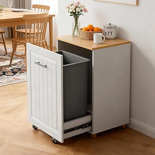 ZIFTY 10 Gallon Pull Out Trash Can Cabinet, Freestanding Kitchen Trash Bin Cabinet, Hidden Garbage & Recycling Cabinet, Pet Proof Trash Can Holder for Kitchen, Laundry & Living Room (White)